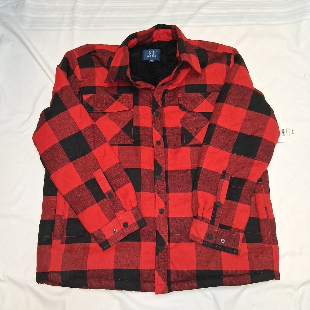 George Men's New Red and Black Checkered Shirt Jacket Long Sleeves Sz XL - Picture 15 of 16